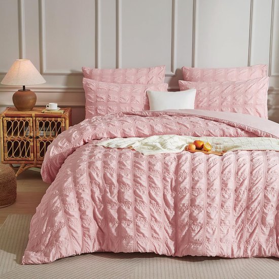 Unyqoos® Ademende Seersucker Beddengoedset voor Zomerslaapcomfort in Roze Tint