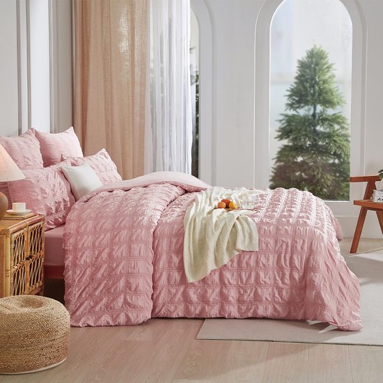Unyqoos® Ademende Seersucker Beddengoedset voor Zomerslaapcomfort in Roze Tint