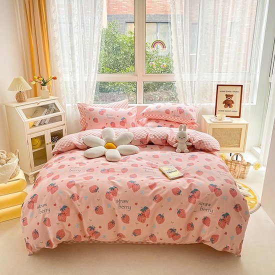 550x550-12798.jpg Unyqoos® Roze microvezel beddengoedset met aardbeien en ritssluiting voor meisjes