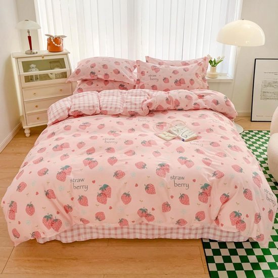 550x550-12801.jpg Unyqoos® Roze microvezel beddengoedset met aardbeien en ritssluiting voor meisjes