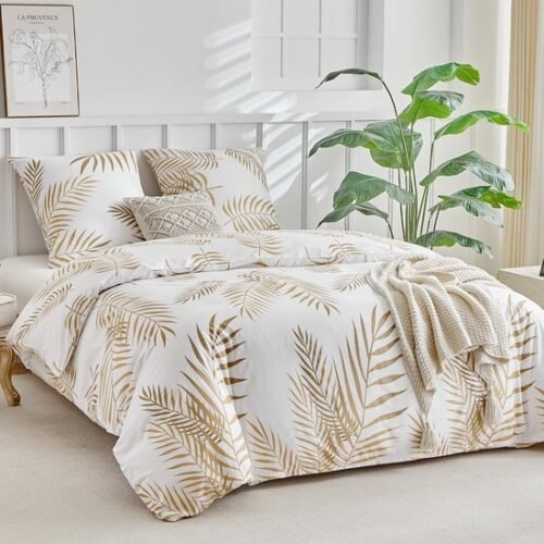 Unyqoos® Elegante witte dekbedovertrekset met gouden palmbladmotief en ritssluiting