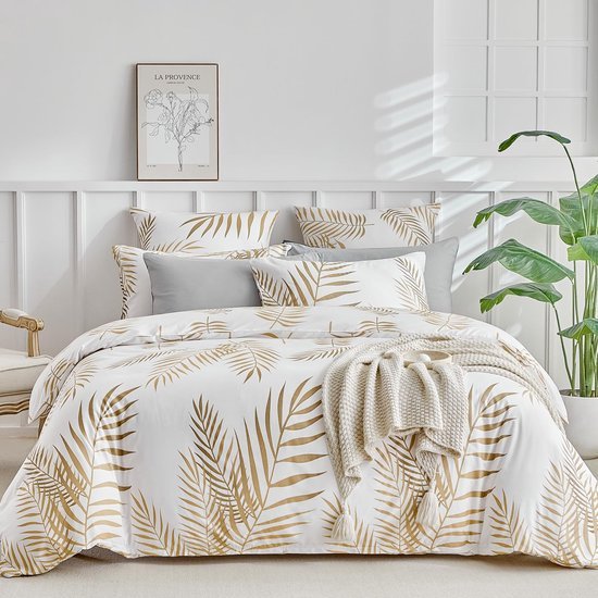 Unyqoos® Elegante witte dekbedovertrekset met gouden palmbladmotief en ritssluiting