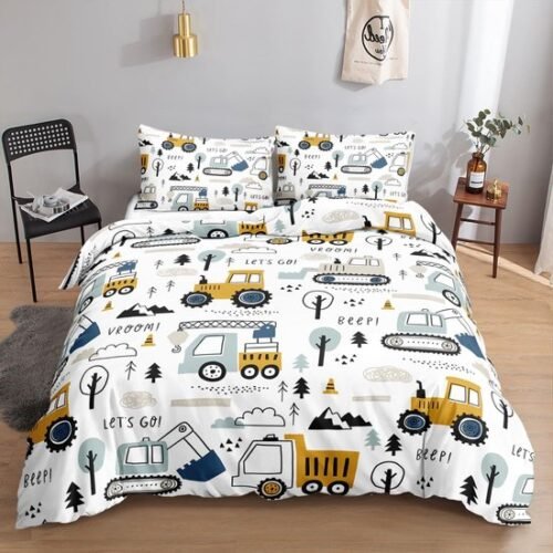 Unyqoos® Kinderdekbedovertrekset met Bouwvoertuigenprint Inclusief Kussenslopen