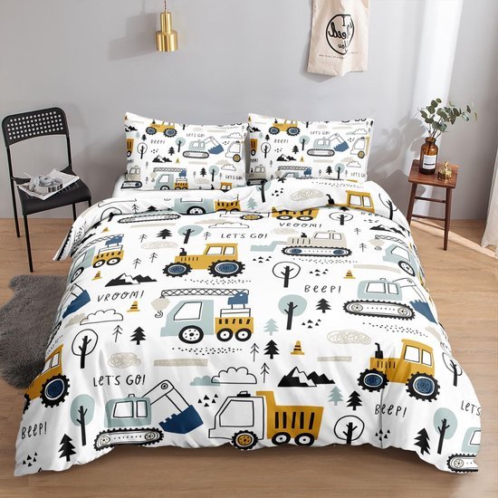 Unyqoos® Kinderdekbedovertrekset met Bouwvoertuigenprint Inclusief Kussenslopen