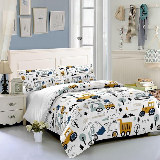 Unyqoos® Kinderdekbedovertrekset met Bouwvoertuigenprint Inclusief Kussenslopen