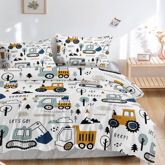 Unyqoos® Kinderdekbedovertrekset met Bouwvoertuigenprint Inclusief Kussenslopen