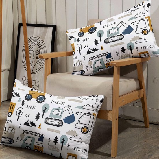 Unyqoos® Kinderdekbedovertrekset met Bouwvoertuigenprint Inclusief Kussenslopen