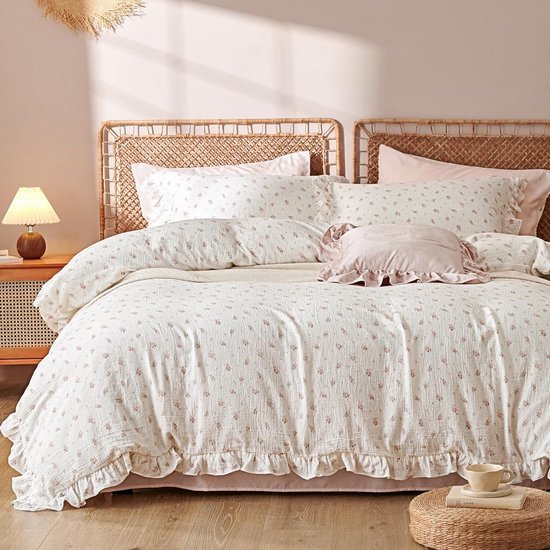 550x550-12970.jpg Unyqoos® Luxueus katoenen mousseline beddengoed met romantische ruches in roze en wit