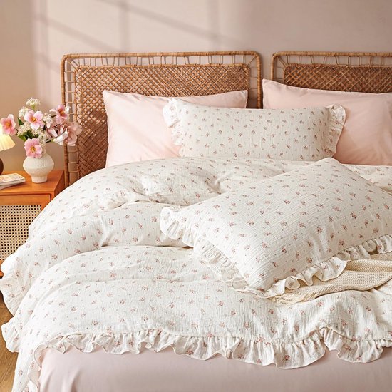 550x550-12972.jpg Unyqoos® Luxueus katoenen mousseline beddengoed met romantische ruches in roze en wit