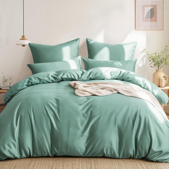 Unyqoos® Comfortabele katoenen beddengoedset 200 x 220 cm met ritssluiting in saliegroen