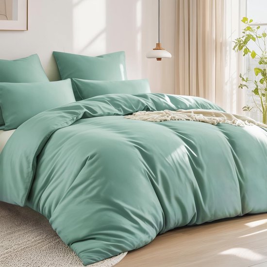Unyqoos® Comfortabele katoenen beddengoedset 200 x 220 cm met ritssluiting in saliegroen