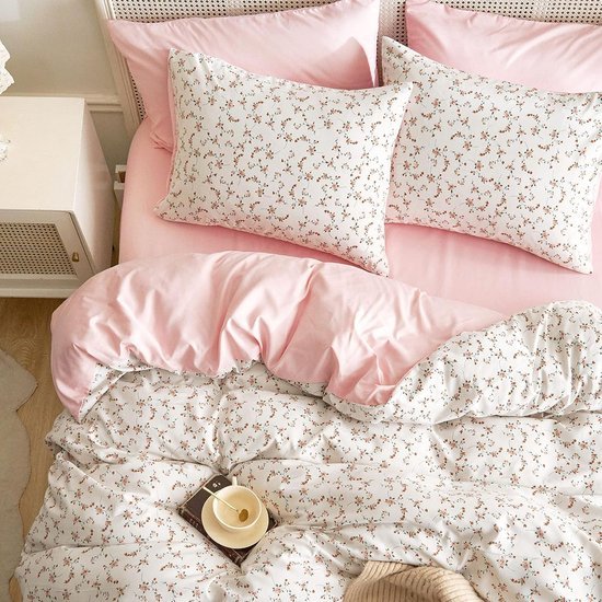 Unyqoos® Omkeerbare beddenset met botanisch patroon in roze en wit microvezel