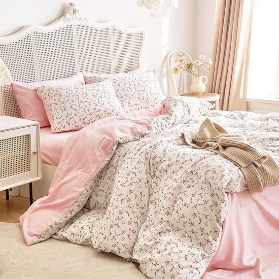 Unyqoos® Omkeerbare beddenset met botanisch patroon in roze en wit microvezel
