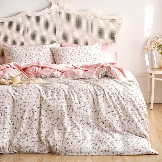 Unyqoos® Omkeerbare beddenset met botanisch patroon in roze en wit microvezel