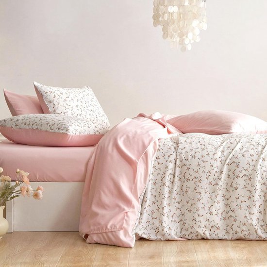 Unyqoos® Omkeerbare beddenset met botanisch patroon in roze en wit microvezel