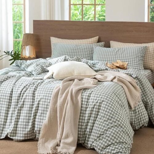 Unyqoos® Geruite katoenen beddengoedset 155x220 cm met ritssluiting voor allergievriendelijk comfort