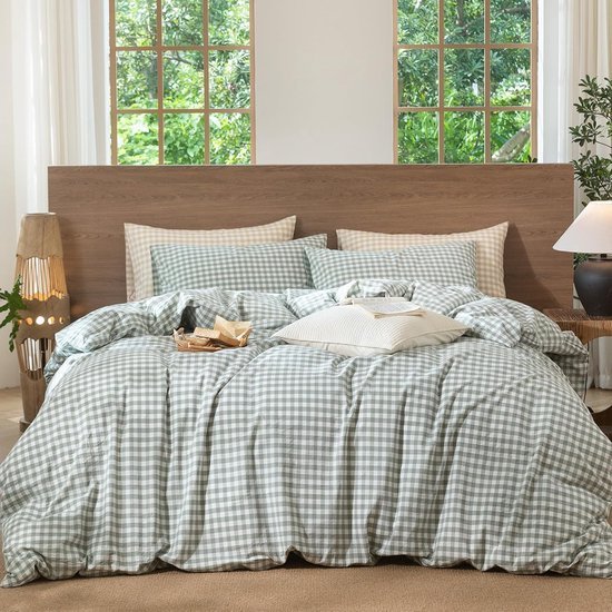 Unyqoos® Geruite katoenen beddengoedset 155x220 cm met ritssluiting voor allergievriendelijk comfort