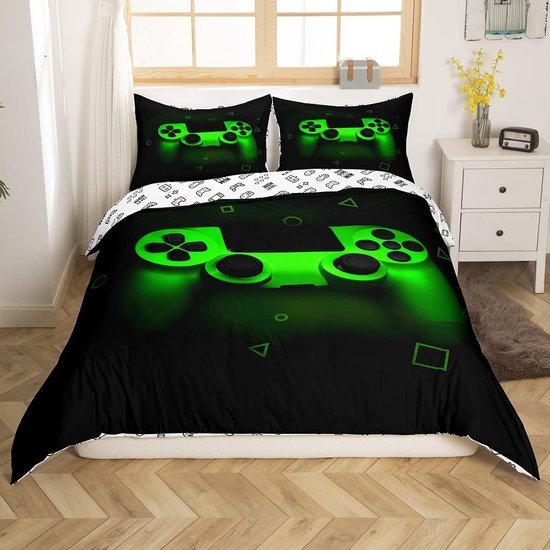 Unyqoos® Grote Groene Gaming Beddengoedset voor Jongens en Tieners met Retro Controller Ontwerp