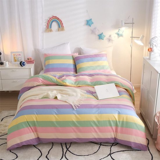 Unyqoos® Kleurrijk kinderbeddengoed met regenboogstrepen en kussensloop