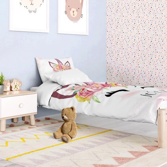Unyqoos® Betoverend Kinderbeddengoed met Eenhoorn en Bloemen voor Meisjes, Zacht Microvezel, 2-Delig Set