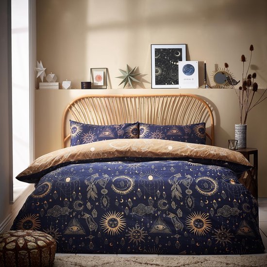 Unyqoos® Luxe dekbedovertrekset met sterrenbeeldontwerp in goud en marineblauw
