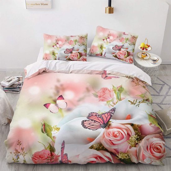 550x550-13310.jpg Unyqoos® Roze bloemen dekbedovertrek set met vlinderprint en ritssluiting