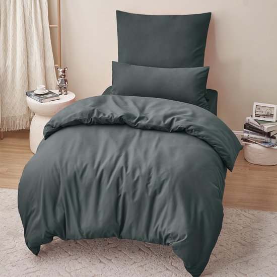 Unyqoos® Beddengoedset van Zachte Microvezel met Ritssluiting en Strijkvrije Eigenschappen, 155 x 220 cm, 2-delig, Grijs Antraciet