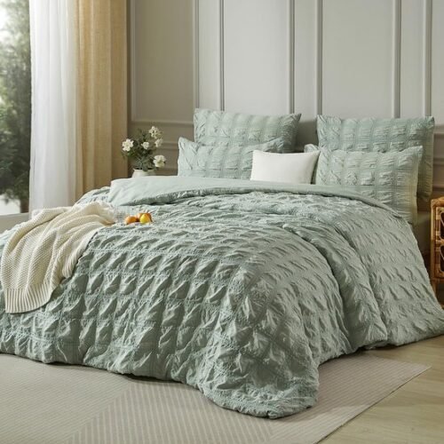 Unyqoos® Ademend Seersucker Beddengoed in Saliegroen voor Verkoelende Zomernachten