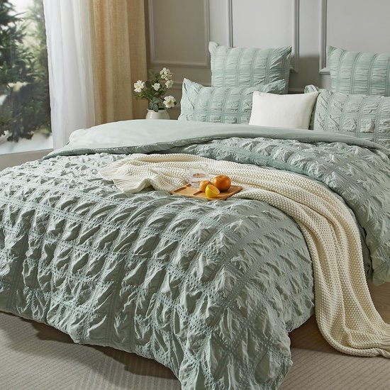 Unyqoos® Ademend Seersucker Beddengoed in Saliegroen voor Verkoelende Zomernachten