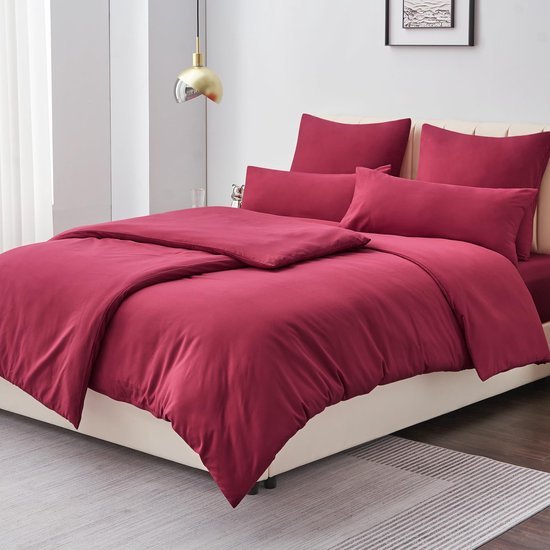 Unyqoos® Beddengoedset van Zacht Microvezel voor Comfortabele Nachtrust, 4-delig, Rood, Met Praktische Ritssluitingen en Bandjes