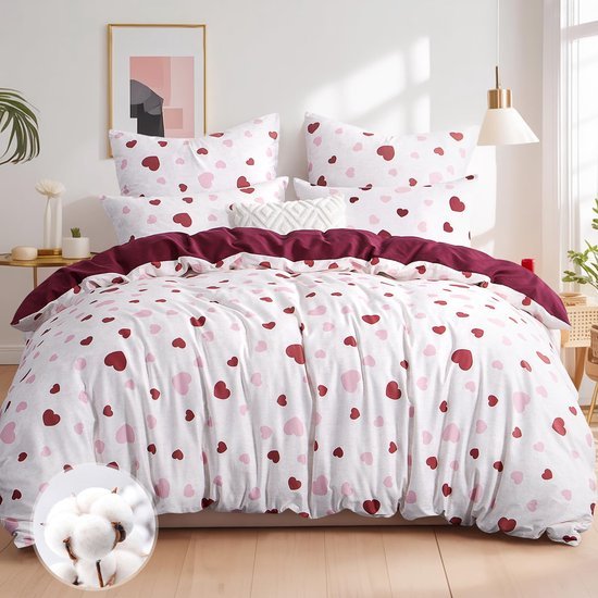 550x550-13538.jpg Unyqoos® Roze en rode katoenen beddengoedset met hartmotief en ritssluiting