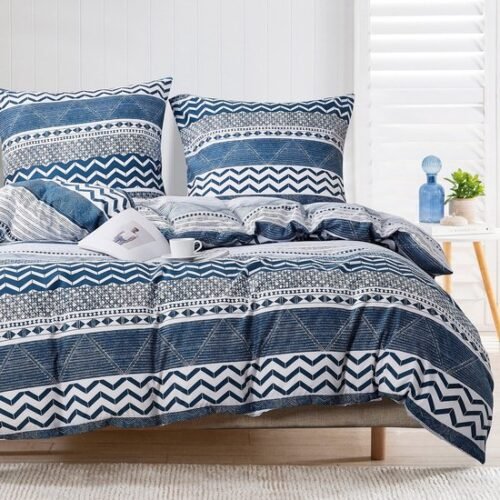 Unyqoos® Omkeerbare dekbedovertrekset in blauw-wit geometrisch patroon van microvezel 155 x 220