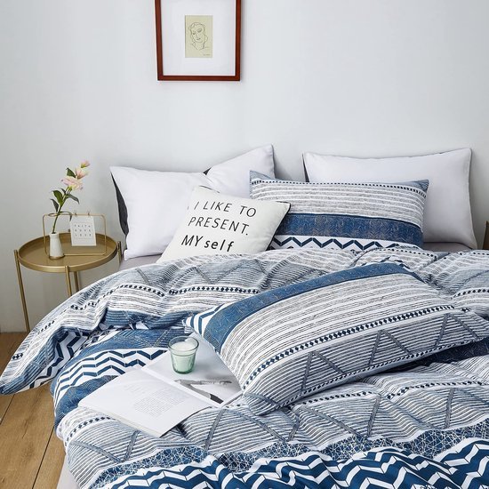 Unyqoos® Omkeerbare dekbedovertrekset in blauw-wit geometrisch patroon van microvezel 155 x 220