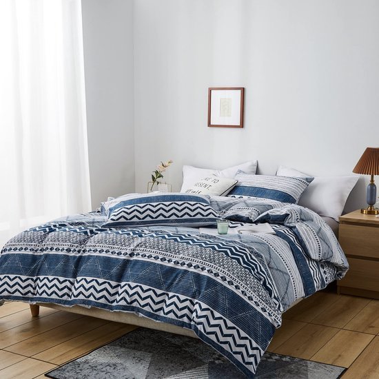 Unyqoos® Omkeerbare dekbedovertrekset in blauw-wit geometrisch patroon van microvezel 155 x 220