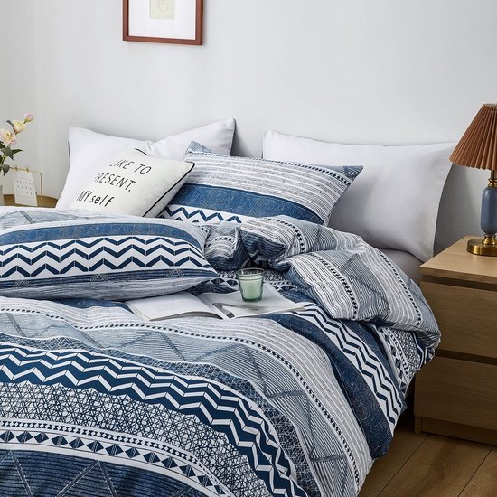 Unyqoos® Omkeerbare dekbedovertrekset in blauw-wit geometrisch patroon van microvezel 155 x 220