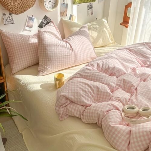 550x550-13685.jpg Unyqoos® Roze-wit Geruite Microvezel Beddengoedset met Allergievriendelijke Eigenschappen