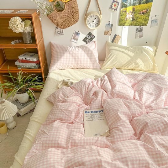 550x550-13686.jpg Unyqoos® Roze-wit Geruite Microvezel Beddengoedset met Allergievriendelijke Eigenschappen