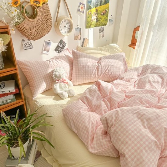 550x550-13687.jpg Unyqoos® Roze-wit Geruite Microvezel Beddengoedset met Allergievriendelijke Eigenschappen