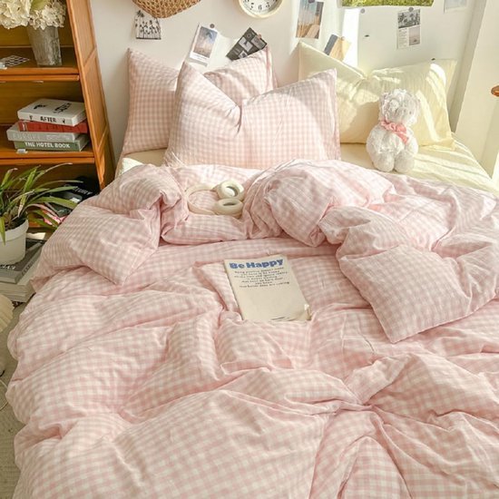 550x550-13688.jpg Unyqoos® Roze-wit Geruite Microvezel Beddengoedset met Allergievriendelijke Eigenschappen