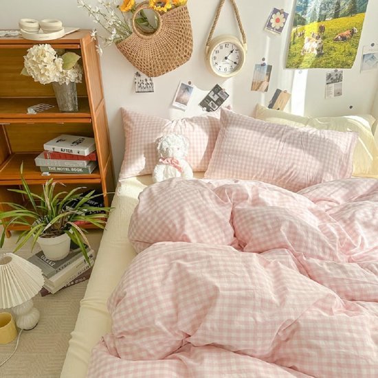550x550-13690.jpg Unyqoos® Roze-wit Geruite Microvezel Beddengoedset met Allergievriendelijke Eigenschappen