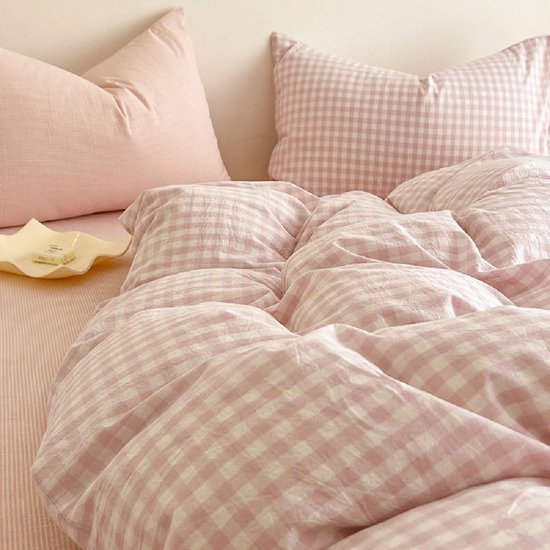 550x550-13692.jpg Unyqoos® Roze-wit Geruite Microvezel Beddengoedset met Allergievriendelijke Eigenschappen