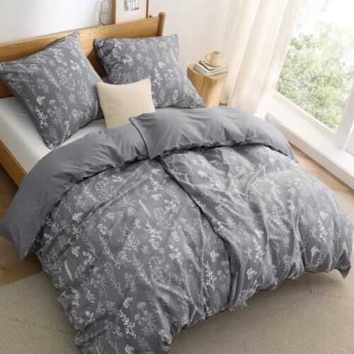 Unyqoos® Ademend en omkeerbaar katoenen beddengoed met bloemenpatroon in grijs