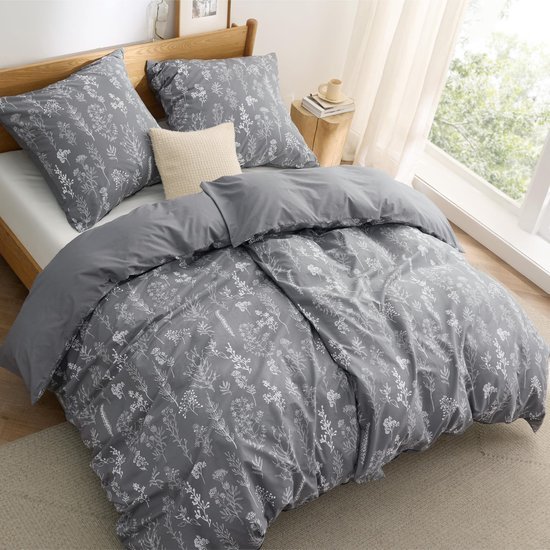 Unyqoos® Ademend en omkeerbaar katoenen beddengoed met bloemenpatroon in grijs