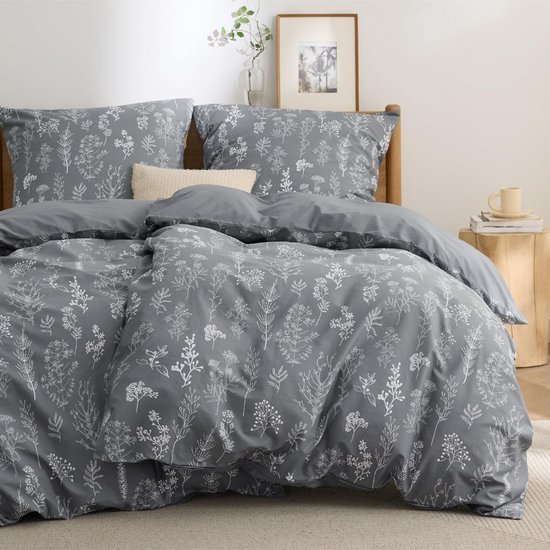 Unyqoos® Ademend en omkeerbaar katoenen beddengoed met bloemenpatroon in grijs
