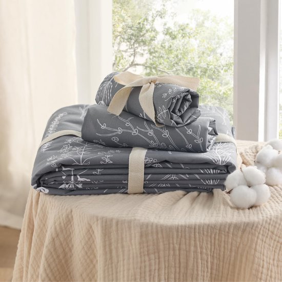Unyqoos® Ademend en omkeerbaar katoenen beddengoed met bloemenpatroon in grijs