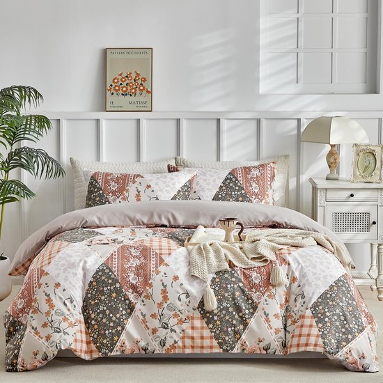 Unyqoos® Stijlvolle en Omkeerbare Dekbedovertrekset met Patchwork Ontwerp in Beige