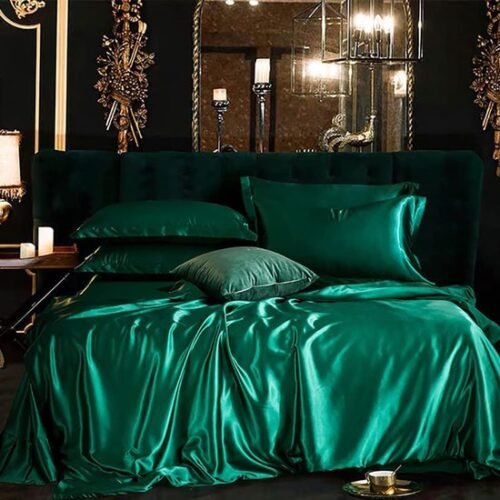 Unyqoos® Elegante donkergroene satijnen beddengoedset met ritssluiting voor zomernachten