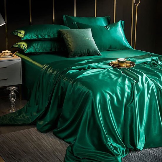 Unyqoos® Elegante donkergroene satijnen beddengoedset met ritssluiting voor zomernachten