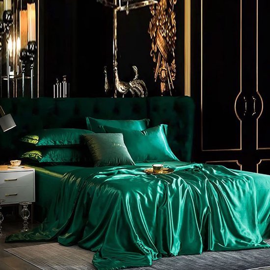 Unyqoos® Elegante donkergroene satijnen beddengoedset met ritssluiting voor zomernachten