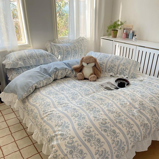 550x550-13857.jpg Unyqoos® Omkeerbaar katoenen dekbedovertrek met blauwe bloemen en ruches voor meisjes